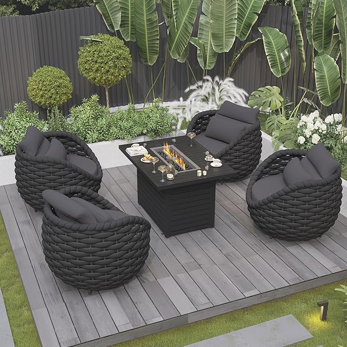 4 PCS Front Porch Accent Chair: Aluminum Woven Rope Armchair Assembled - Cushioned Patio Single Chair w/Arms Modern - All Weather Balcony Furniture for 400lbs Outdoor Yard Deck Hotel, Dark Gray