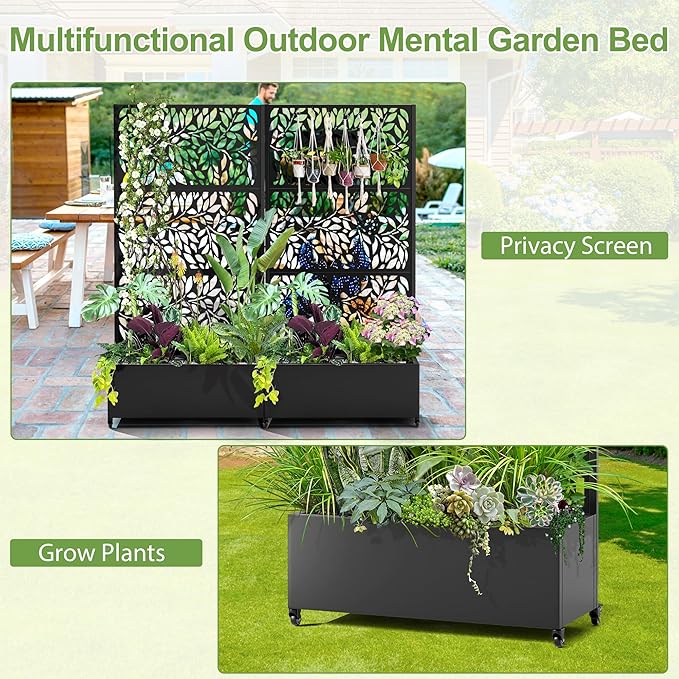 Raised Garden Bed with Trellis and Wheels,73"x35"x16" Metal Raised Garden Bed,Black Flowing Leaf-2 Metal Planter with Climbing Trellis for Vines & Vegetables