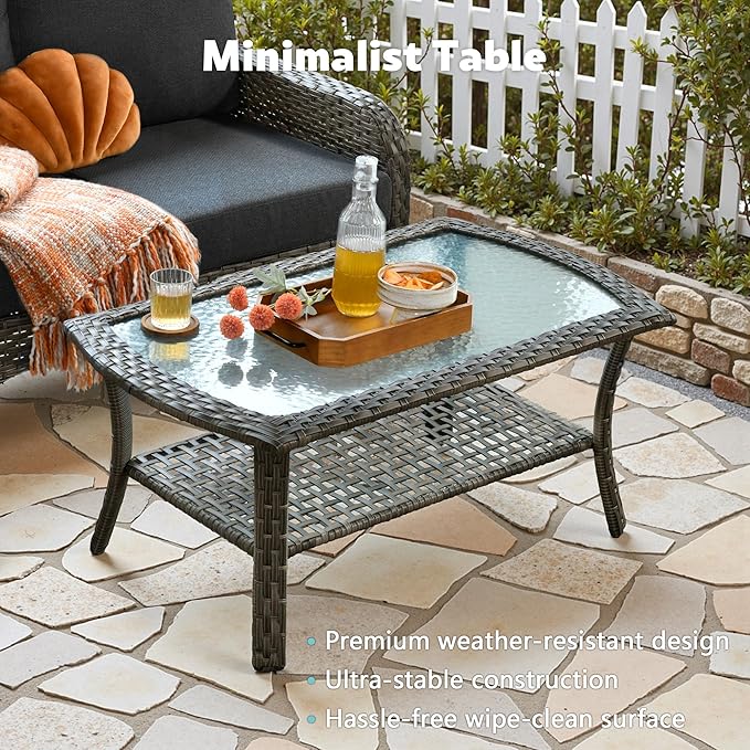 4-Piece Wicker Patio Furniture Set, All-Weather Rattan Conversation Bistro Loveseat Chair and Table Set for Backyard, Balcony and Deck with Soft Cushions and Metal Table(Black)