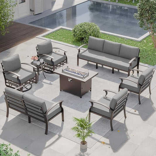 Kurapika Aluminum Patio Furniture Set 9-Seat Modern Metal Outdoor Conversation Sets w/45in Propane Fire Pit Table, Swivel Rocking Chairs Patio Sectional Sofa w/5.1 Inch Cushion, Grey