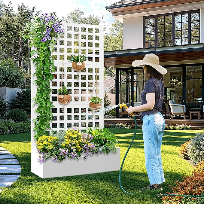 Metal Raised Garden Bed with Trellis, 2 in 1 Trellis with Planter Box & Privacy Screen for Climbing Plants, Vine, Outdoor Standing Flower Beds with Drainage Holes, 35.4"L x 16.7"W x 70.8"H, White