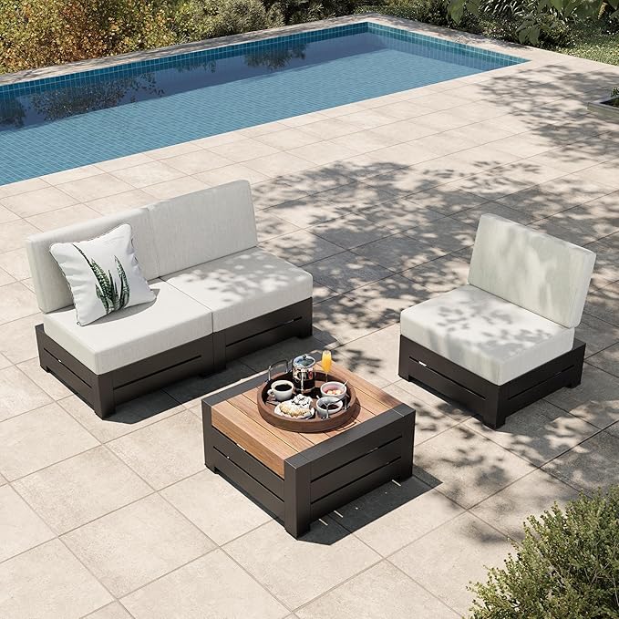 HERA'S HOUSE Patio Furniture Set, 4 Pieces All-Weather Outdoor Sectional Sofa with 28" Coffee Table & 5.9" Thick Waterproof Cushions, Modular Conversation Set for Garden Deck Backyard (Easy Assembly)