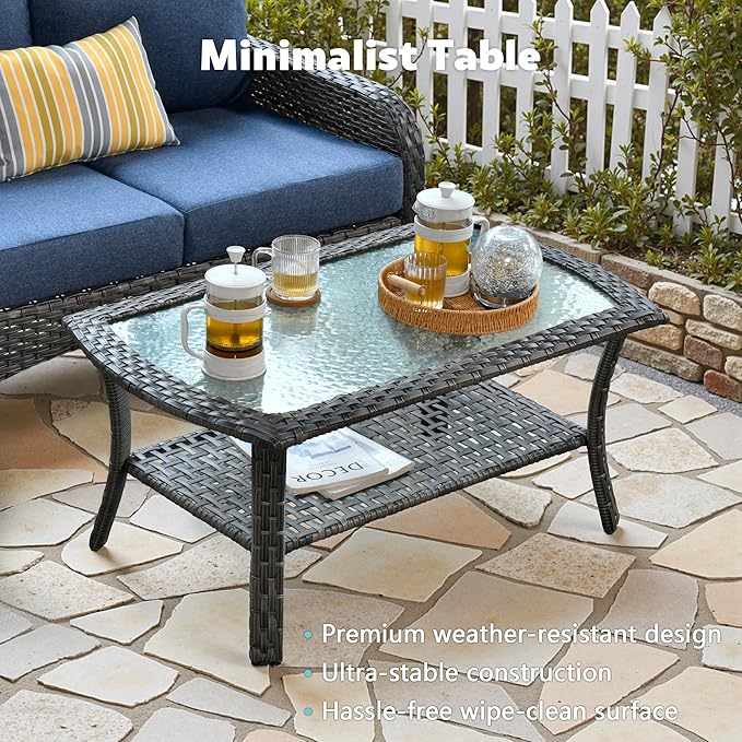 4-Piece Wicker Patio Furniture Set, All-Weather Rattan Conversation Bistro Loveseat Chair and Table Set for Backyard, Balcony and Deck with Soft Cushions and Metal Table(Blue)