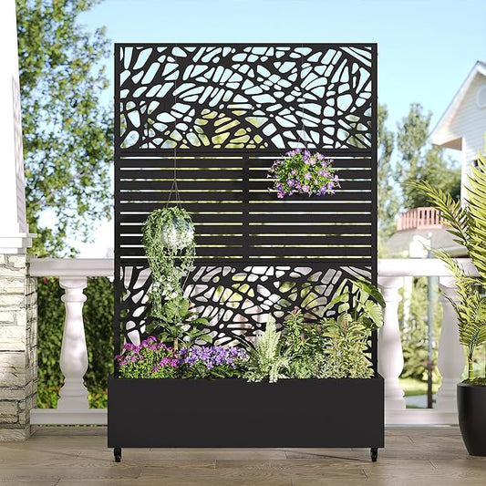 Casaphoria Metal Raised Garden Bed with Trellis and Wheels, 72"x47"x16" Arched Planter Box for Climbing Plants, Vegetables & Vines, Features Drainage Holes and Privacy Screen (Black-Helen&Net)