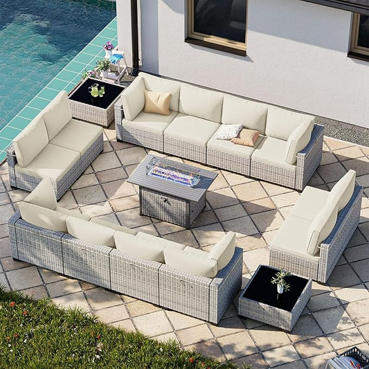 15-Piece Patio Furniture Set, Outdoor Patio Furniture with 55,000 BTU Fire Pit Table, Thick Cushions, Modular Patio Sofa, Dual-Strand Wicker Rattan, Rust-Resistant Frame, Ivory