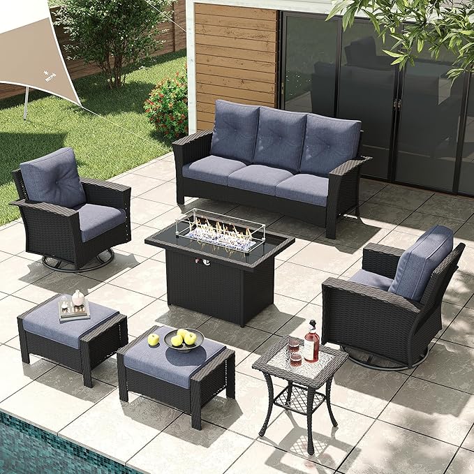 LayinSun 7 Piece Wicker Patio Furniture Set with Fire Pit Table, Classis Outdoor Conversation 360 Degree Swivel Chairs Set with Coffee Table