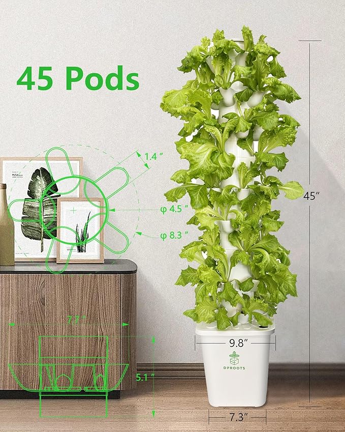 Hydroponic Tower Growing System，45 Pods Vertical Garden，Suitable for Indoor and Greenhouse, Grow Herbs and Vegetables，Houseplant Farming with Water Circulation and Automatic Timer