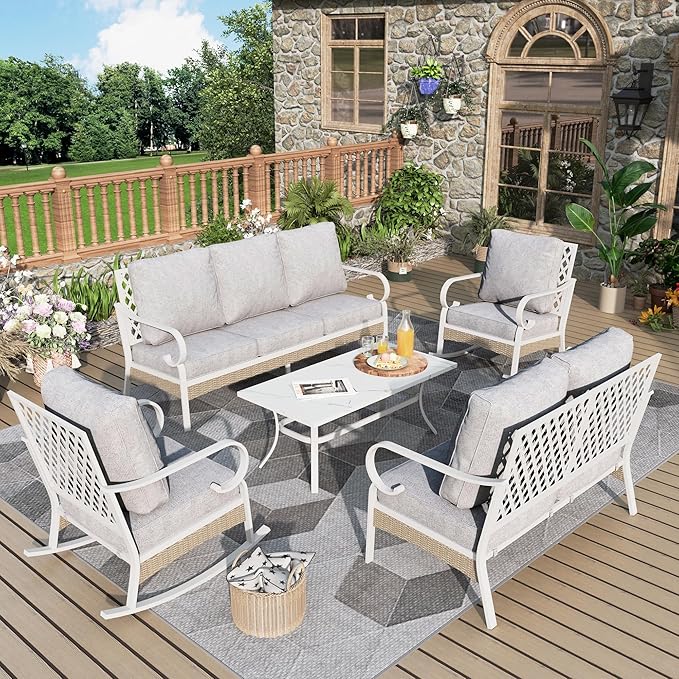 5 Piece Patio Furniture Set, 2 x Rocking Chair, 1 x 2-Seat Sofa, 1 x 3-Seat Sofa with Marbling Coffee Table, 7 Seats Outdoor Conversation Set for Lawn Garden Backyard, Light Gray