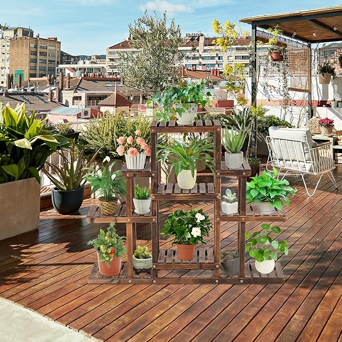 COSTWAY 6-Tier Multifunctional Wood Flower Stand, Shelf Holder for Multiple Plants, Freestanding Plant Rack for Garden, Patio, Balcony, Living Room, Indoor, Outdoor