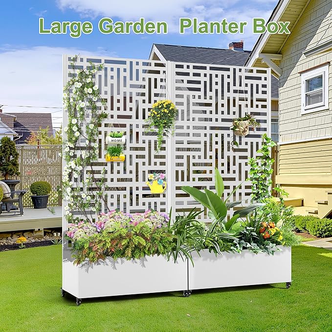 Raised Garden Bed with Trellis and Wheels,73"x35"x16" Metal Raised Garden Bed,White Modern Metal Planter with Climbing Trellis for Vines & Vegetables