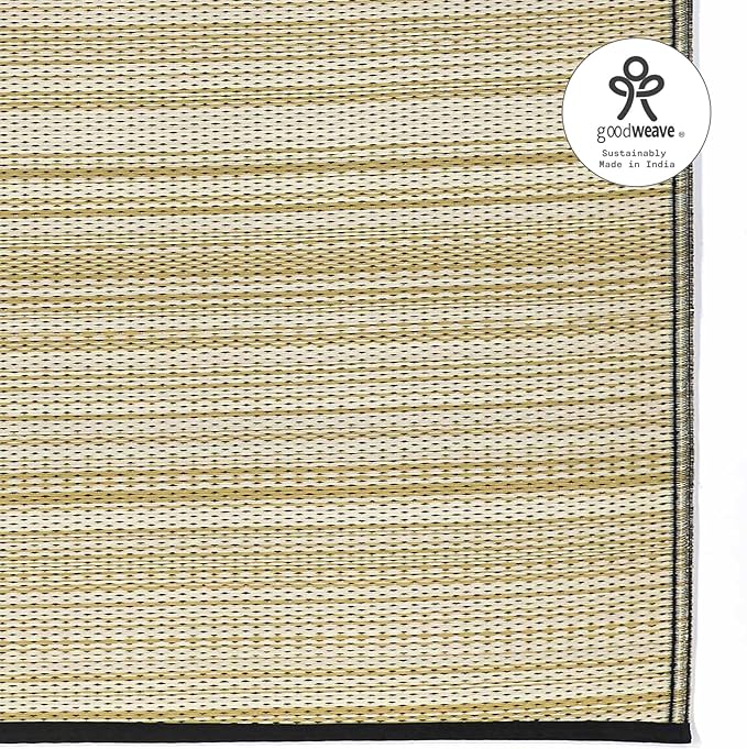 Fab Habitat Outdoor Rug - Waterproof, Fade Resistant, Crease-Free - Premium Recycled Plastic - Neutral Striped - Patio, Deck, Porch, Balcony, Laundry Room - Cancun Shadow - Sand & Black - 4 x 6 ft