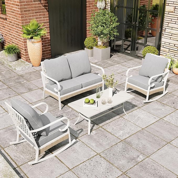 4 Piece Patio Furniture Set, 2 x Rocking Chair, 1 x 2-Seat Sofa with Marbling Coffee Table, 4 Seats Outdoor Conversation Set for Lawn Garden Backyard, Light Gray