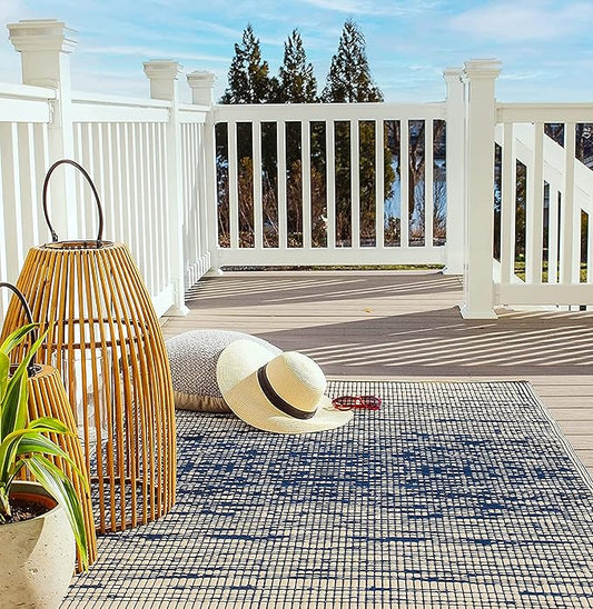 Fab Habitat Outdoor Rug - Waterproof, Fade Resistant, Crease-Free - Premium Recycled Plastic - Distressed Abstract Stripes - Patio, Deck, Porch, Balcony, Laundry Room - Brooklyn - Blue - 4 x 6 ft