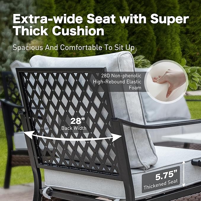 4 PCS Metal Outdoor Patio Furniture Set, Patio Conversation Sets 1 3-Seater Sofa, 2 Swivel Chairs with 5.75" Extra Thick Cushion & Coffee Table, Black Backyard Furniture, Light Gray