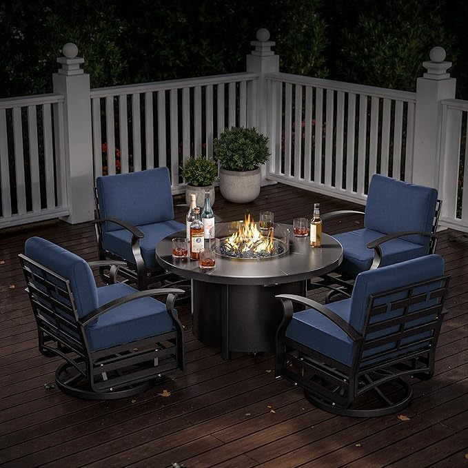 Kurapika 5 Piece Modern Metal Outdoor Conversation Sets, Patio Furniture Set, 4 Aluminum Swivel Chairs w/48in Round Propane Fire Pit Table and Thickened Cushions, Navy Blue