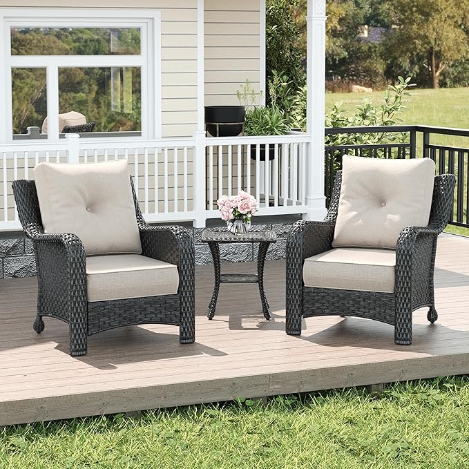 LayinSun 3 Piece Wicker Outdoor Furniture Set with 6-inch Comfy Cushions, High Back Patio Furniture Set with Rattan Armchairs and Side Table