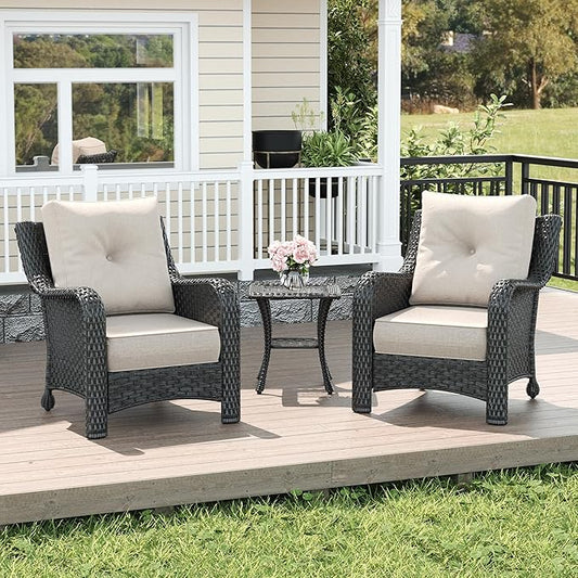 LayinSun 3 Piece Wicker Outdoor Furniture Set with 6-inch Comfy Cushions, High Back Patio Furniture Set with Rattan Armchairs and Side Table