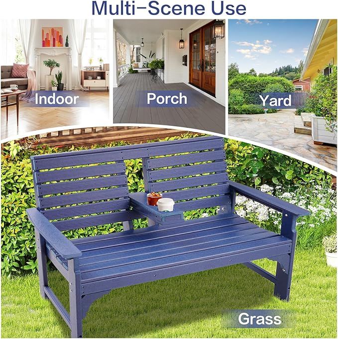 Outdoor Bench Weatherproof - HDPE 2-Person Garden Bench with Cup Holders, Bench Furniture with Backrest and Armrests, 700 lbs Capacity, Patio Park Bench for Front Porch Backyard Park (Blue)