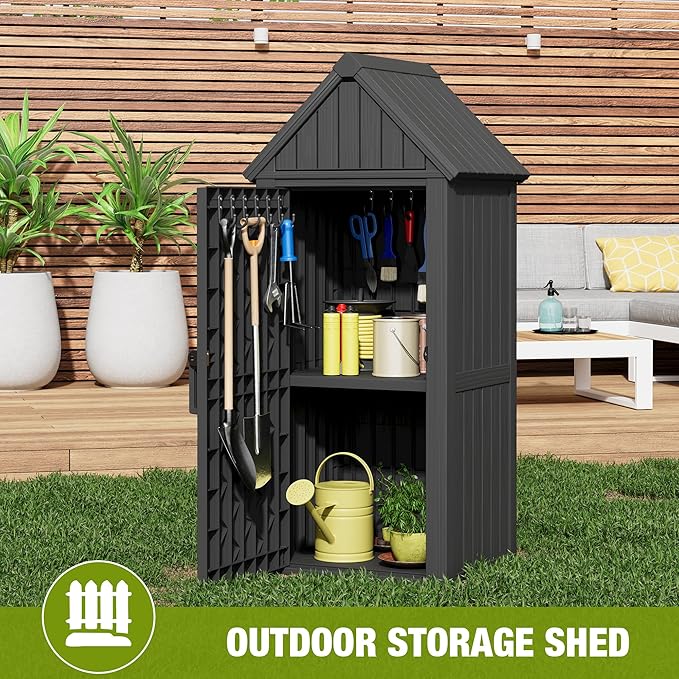Outdoor Storage Shed – Durable Resin with Sloping Roof and Lockable Door, Waterproof Storage Cabinet with Ample Space, Multiple Hooks for Backyard, Garden, Patio & Lawn Black