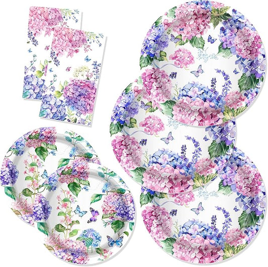 CC HOME Hydrangea Birthday Paper Plates Napkins Pink Purple Flowers Disposable Tableware Set Party Supplies Spring Floral Theme Dinnerware Serves 24 Guests for Audlts Kids Baby Shower Birthday 88PCS