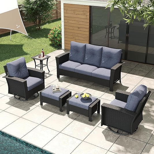LayinSun 6 Piece Wicker Patio Furniture Set, Classis Outdoor Conversation 360 Degree Swivel Chairs Set with Coffee Table