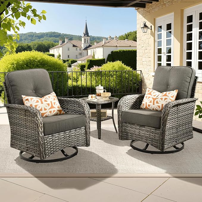 ovios 3 Pieces Patio Furniture Set, Outdoor Rocking Chairs of 2, Wicker Swivel Glider Chairs with Side Table Thick Cushions, All Weather Rattan Bistro Set for Porch, Black