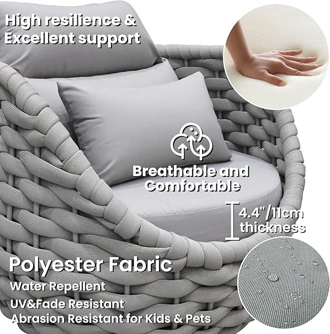 6 PCS Patio Deck Accent Chair: Large Woven Rope Chair Cushioned - Aluminum Modern Single Lounge Armchair Assembled - All Weather Outdoor Seating for 400lbs Lanai Balcony Porch Garden Hotel, Gray