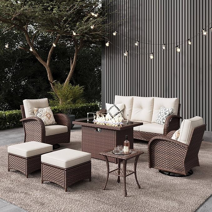 LayinSun 7 Pieces Outdoor Patio Furniture Set with Fire Pit Table, Rattan Wicker Sectional Swivel Rocker Chairs Sets