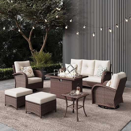 LayinSun 7 Pieces Outdoor Patio Furniture Set with Fire Pit Table, Rattan Wicker Sectional Swivel Rocker Chairs Sets