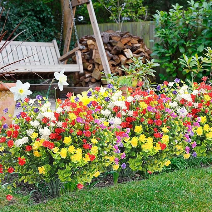 WILLBOND 48 Bundles Artificial Flowers Outdoor,UV Resistant Faux Plastic Plants Greenery Shrubs Flower Bulk for Hanging Planter Porch Window Home Wedding Spring Summer Decor (Fresh Color)