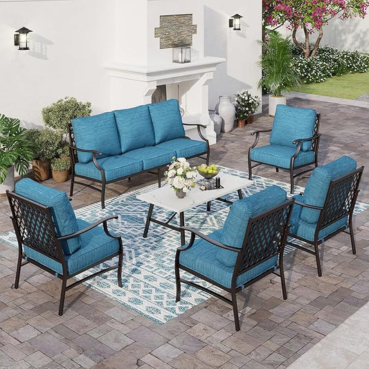 6 Piece Metal Outdoor Patio Furniture Set, Patio Conversation Sets 1 3-Seater Sofa, 4 Fixed Chairs with 5.75" Thick Cushion and Coffee Table, Backyard Furniture Set for Deck, Blue-2