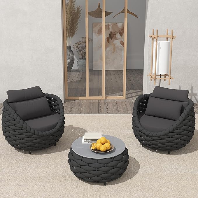 TWT 3 Pieces Aluminum Patio Furniture Set, Hand Woven Textilene Rope Outdoor Sofa Set w/Washable Cushion and Rock Slab Tabletop, Conversation Furniture for Livingroom Poolside Balcony (Dark Grey)