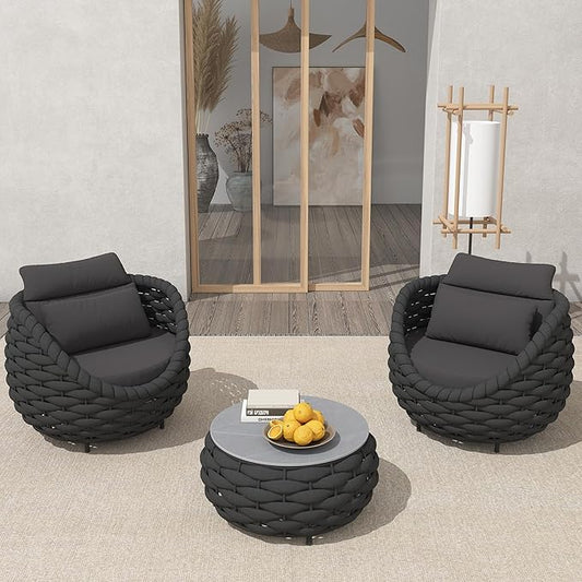 TWT 3 Pieces Aluminum Patio Furniture Set, Hand Woven Textilene Rope Outdoor Sofa Set w/Washable Cushion and Rock Slab Tabletop, Conversation Furniture for Livingroom Poolside Balcony (Dark Grey)