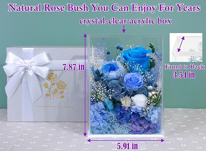 Valley of Rain & Forest Long-Lasting Real Flowers, Handcrafted Preserved Rose Bush For you to Send Love for All Occasions, Floral Arrangement for Indoor Decoration (Blue Rose)