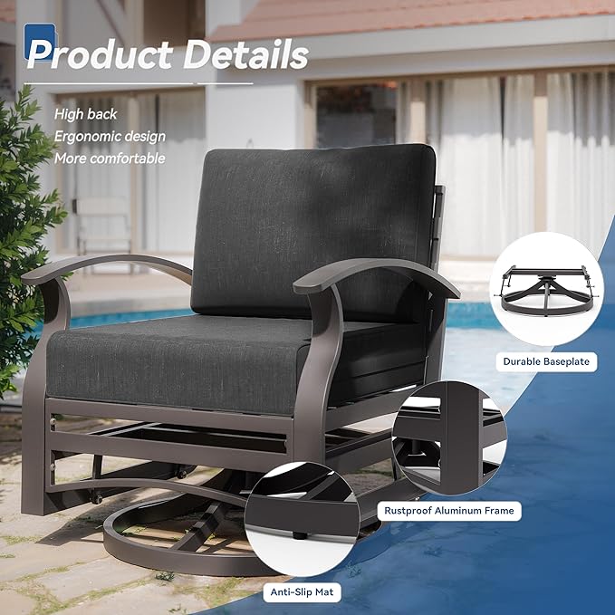 Kurapika 5 Piece Modern Metal Outdoor Conversation Sets, Patio Furniture Set, 4 Aluminum Swivel Chairs w/48in Round Propane Fire Pit Table and Thickened Cushions, Black