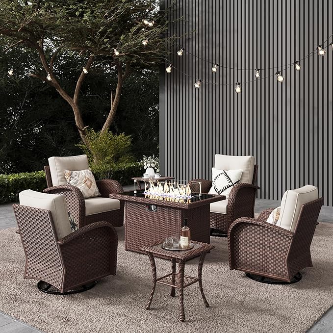LayinSun 7 Pieces Outdoor Patio Furniture Set with Fire Pit Table, Rattan Wicker Sectional Swivel Rocker Chairs Sets