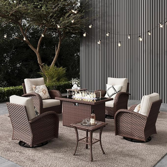 LayinSun 7 Pieces Outdoor Patio Furniture Set with Fire Pit Table, Rattan Wicker Sectional Swivel Rocker Chairs Sets