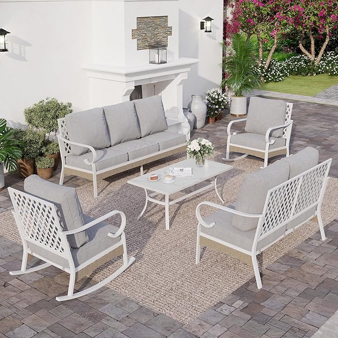 5 PCS Metal Outdoor Patio Furniture Set, Patio Conversations Sets 3-Seater Couch, 2-Seater Sofa, 2 Rocking Sofa with 5.75" Thick Cushion and Coffee Table White Backyard Furniture, Gray