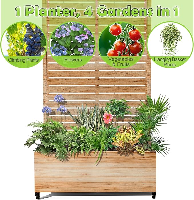 15.7"×70.9"×35.4" Metal Raised Garden Bed with Trellis and Wheels - Tall Trellis Planter Box for Climbing Plants, Vegetables & Vines - Outdoor Privacy Planters for Patio (Acacia Wood Grain-Louvered)