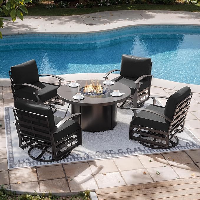 Kurapika 5 Piece Modern Metal Outdoor Conversation Sets, Patio Furniture Set, 4 Aluminum Swivel Chairs w/48in Round Propane Fire Pit Table and Thickened Cushions, Black