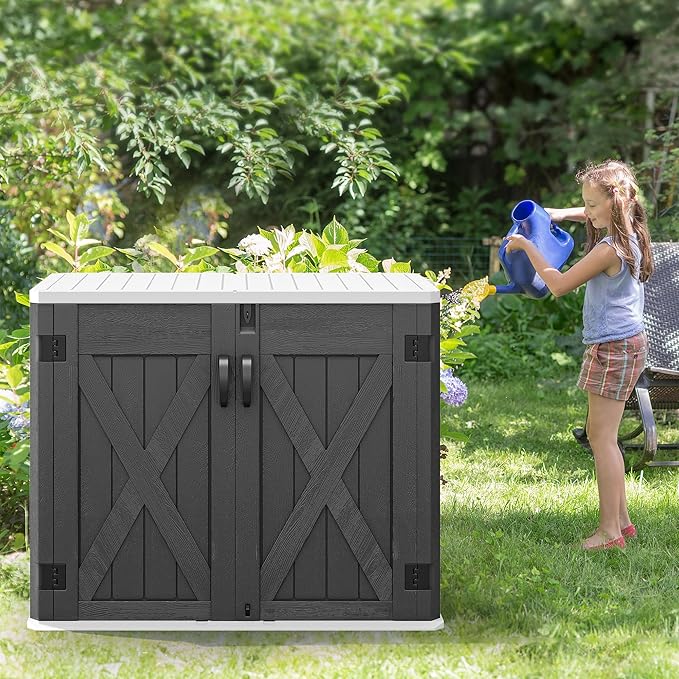 YITAHOME Outdoor Resin Storage Sheds with X-Shaped Lockable Door, 39 in Height Lockable Waterproof Horizontal Shed w/o Shelf, Easy to Assemble Shed Storage for Garden Tools, Dark Gray