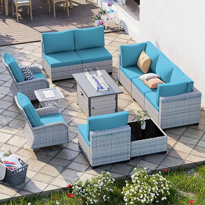 11-Piece Patio Furniture Set, Outdoor Patio Furniture with 55,000 BTU Fire Pit Table, Swivel Chairs Set, Thick Cushions, Modular Patio Sofa, Dual-Strand Wicker Rattan, Rust-Resistant Frame, Lake Blue