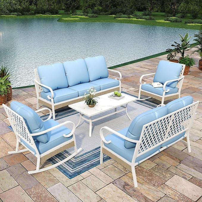 5 Piece Patio Furniture Set, 2 x Rocking Chair, 1 x 2-Seat Sofa, 1 x 3-Seat Sofa with Marbling Coffee Table, All Cushioned 7 Seats Outdoor Conversation Set for Lawn Garden Backyard, Blue