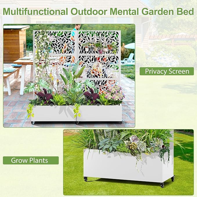 Raised Garden Bed with Trellis and Wheels,73"x35"x16" Metal Raised Garden Bed,White Flowing Leaf-2 Metal Planter with Climbing Trellis for Vines & Vegetables