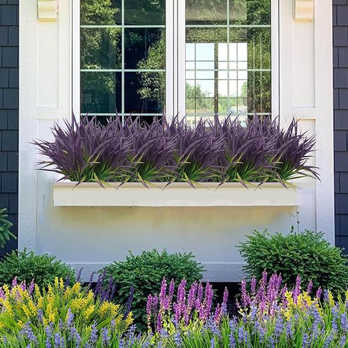 Outdoor Artificial Plants 8Pcs Fake Plants Grass UV Resistant Fake Flowers Bush Greenery,17Inch Tall Faux Grass Shrubs for Home Porch Pathway Garden Décor Outside Indoor (Deep Purple)