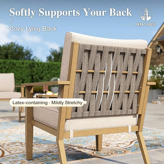 HERA'S HOUSE Patio Furniture Set 5-Piece, All-Weather Metal Outdoor Conversation Set with Wood Grain Finish, 2 x Leg Chair, 1 x 3-Seat Sofa, 2 x Multi-Functional Coffee Table for Garden Deck Backyard