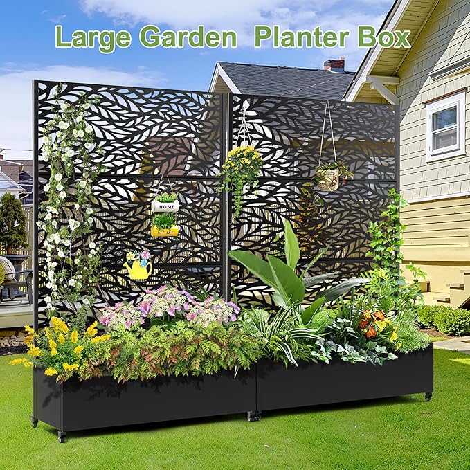 Raised Garden Bed with Trellis and Wheels,73"x47"x16" Metal Raised Garden Bed,Black Flowing Leaf Metal Planter with Climbing Trellis for Vines & Vegetables