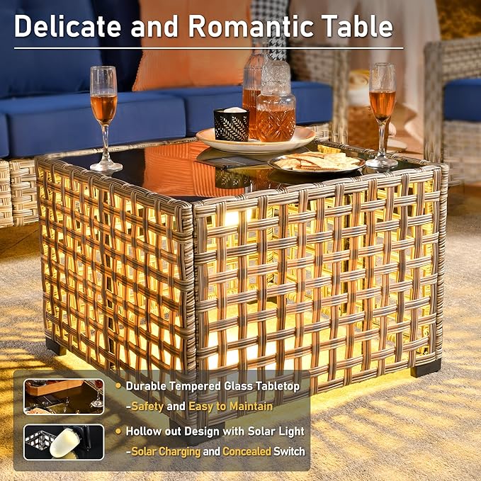 HOOOWOOO Outdoor Sectional Furniture Set,8 Pieces Wicker Patio Conversation Sets,L Shape All Weather Outside Couch Sofa Set with Swivel Chairs Solar Light Table Ottoman,Beige