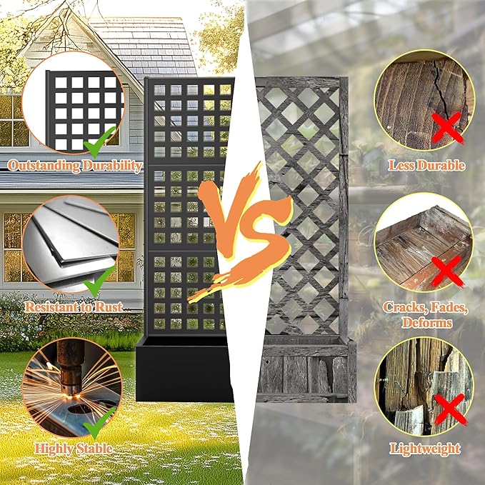 Metal Planter Box with Trellis & Wheels, Raised Garden Bed with Privacy Screen, Outdoor Standing Flower Beds with Drainage Hole for Climbing Plants, Vine, 35" Lx16 Wx71 H