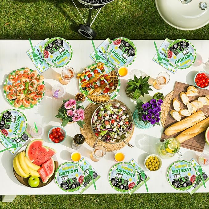 Grencian 96Pcs Tractor Birthday Decorations for Boys Farm Tractor 2nd Birthday Plates and Napkins Tableware Sets Tractor Lawn Party Decorations for Baby Shower Two Years Old Party Supplies Serves 24